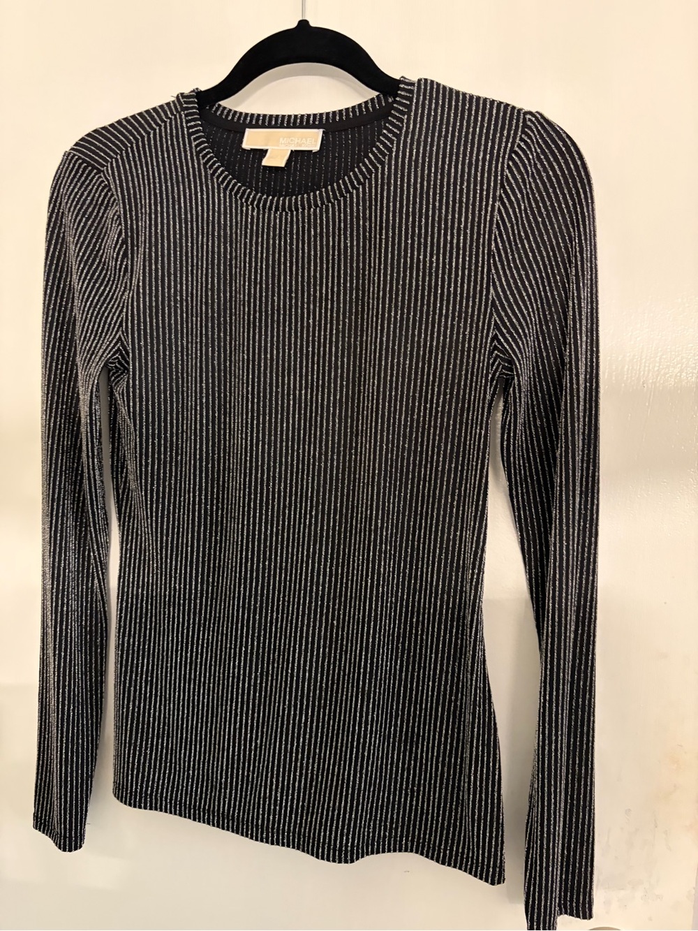 Michael Kors Black Long-Sleeve Ribbed Crewneck Top with Silver Pinstripes